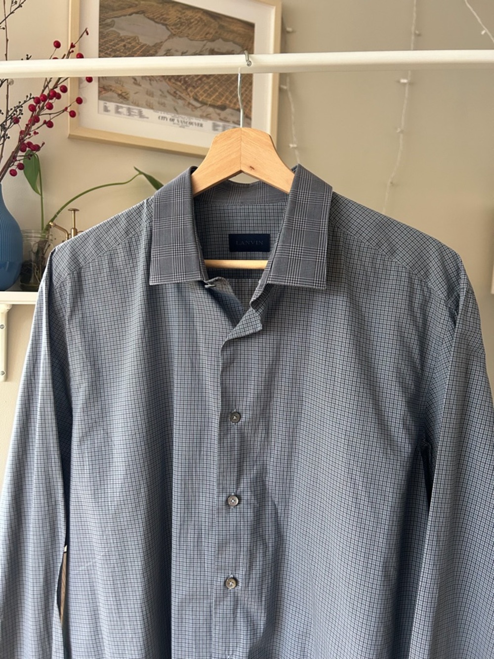Lanvin Men's Gray-Blue Micro-Check Dress Shirt Size 17,5 / 44